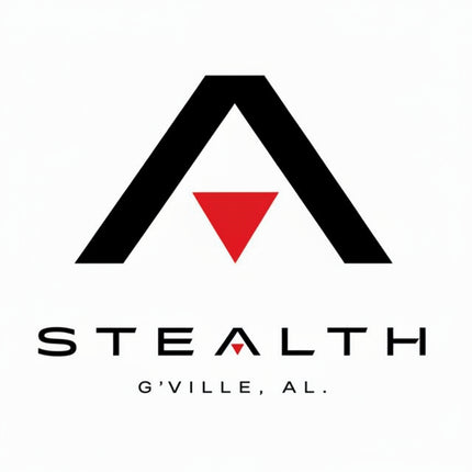 A minimalist logo featuring a large black stylized 'A' with a red inverted triangle at the center, above the word 'STEALTH' and the text 'G'VILLE, AL.' on a plain white background.