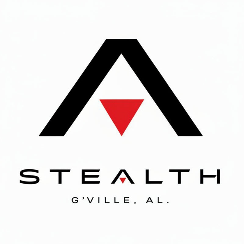 A minimalist logo featuring a large black stylized 'A' with a red inverted triangle at the center, above the word 'STEALTH' and the text 'G'VILLE, AL.' on a plain white background.
