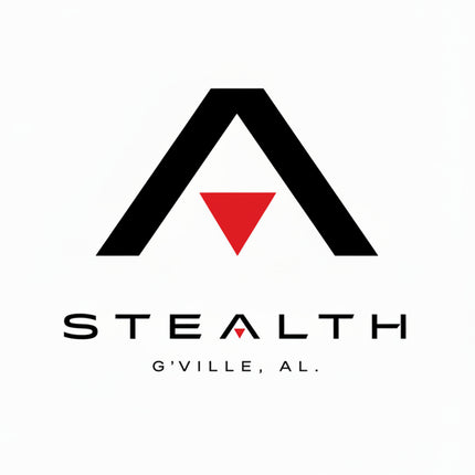 A minimalist logo featuring a large black stylized 'A' with a red inverted triangle at the center, above the word 'STEALTH' and the text 'G'VILLE, AL.' on a plain white background.