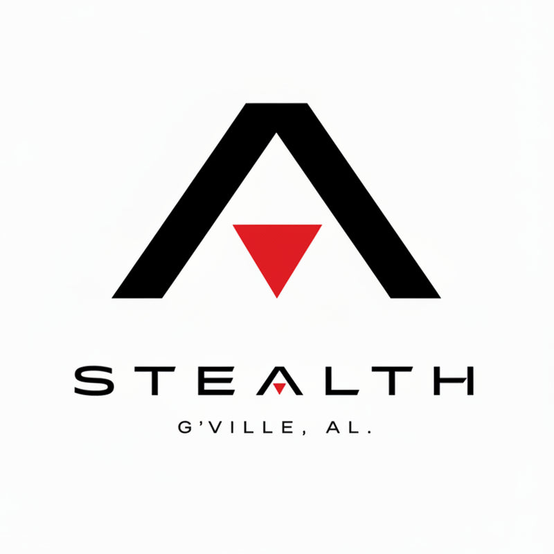 A minimalist logo featuring a large black stylized 'A' with a red inverted triangle at the center, above the word 'STEALTH' and the text 'G'VILLE, AL.' on a plain white background.