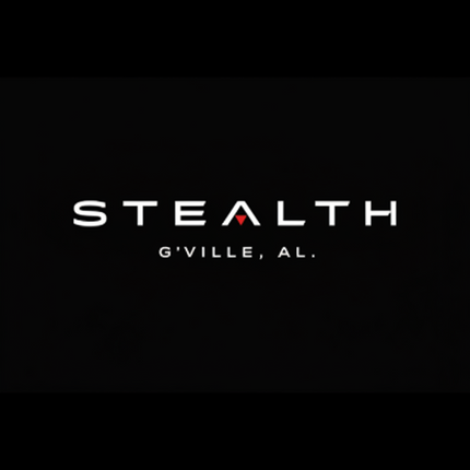 A black square graphic with the word 'STEALTH' in white and red text, with 'G'VILLE, AL.' underneath in smaller white text.