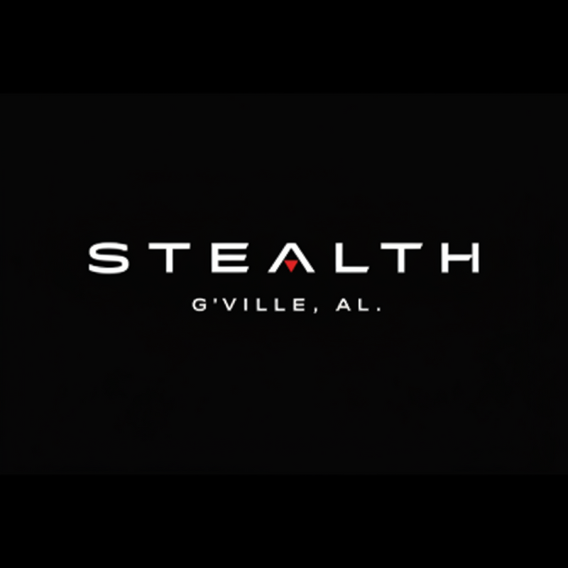 A black square graphic with the word 'STEALTH' in white and red text, with 'G'VILLE, AL.' underneath in smaller white text.