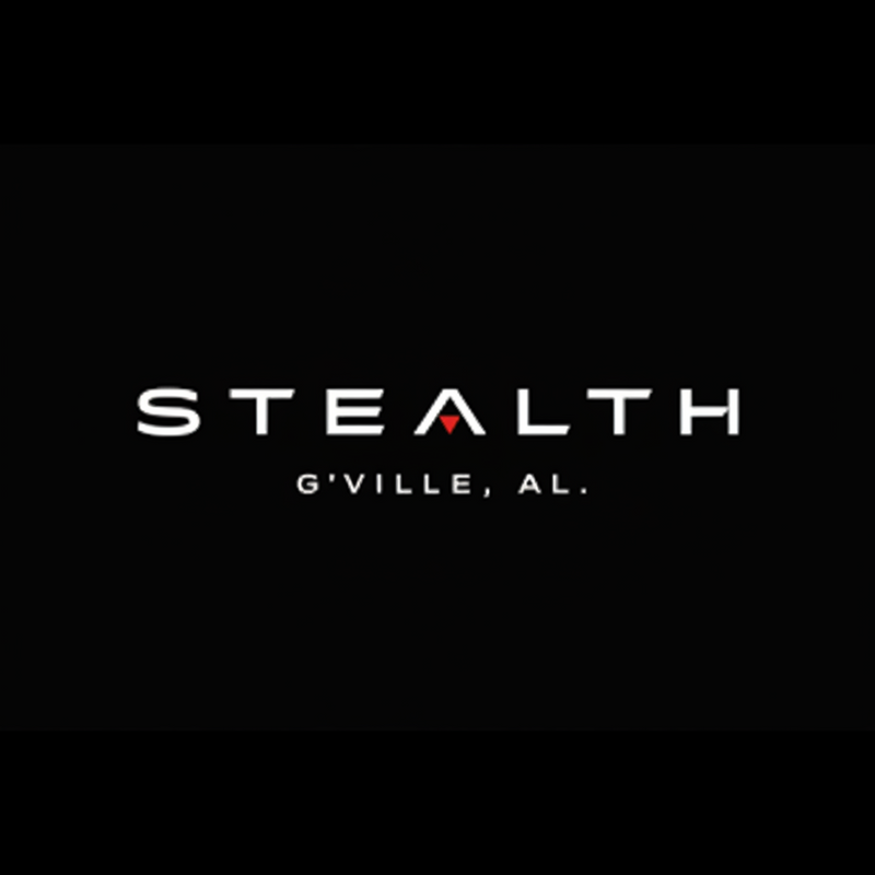 A black square graphic with the word 'STEALTH' in white and red text, with 'O'VILLE, AL.' underneath.