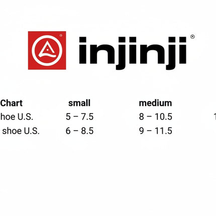 Injinji size chart for men and women, showing small, medium, and large shoe sizes