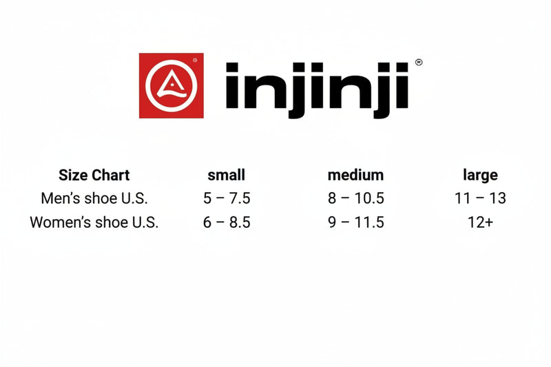 Injinji size chart for men and women, showing small, medium, and large shoe sizes