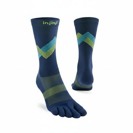 Injinji toe socks in navy blue with green and teal chevron pattern