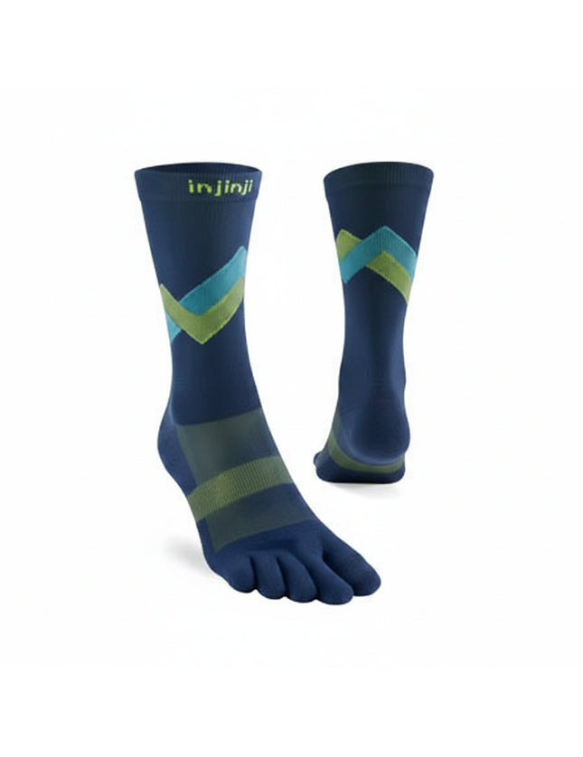 Injinji toe socks in navy blue with green and teal chevron pattern