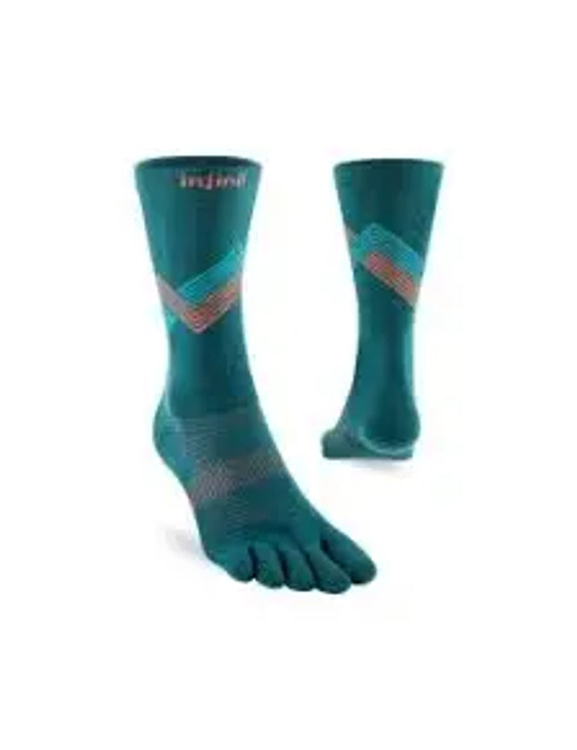 Pair of teal Injinji toe socks with orange and blue chevron pattern