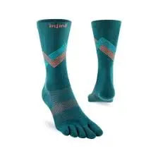 Pair of teal Injinji toe socks with orange and blue chevron pattern