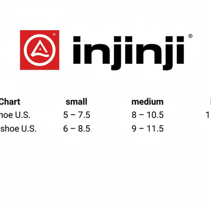 Injinji logo and size chart for men's and women's US shoe sizes: small, medium, and large