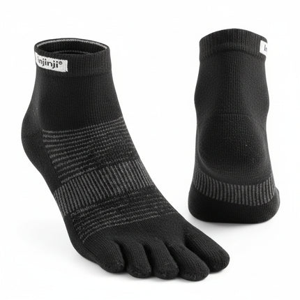 Black toe socks with grey stripes, shown from the front and back
