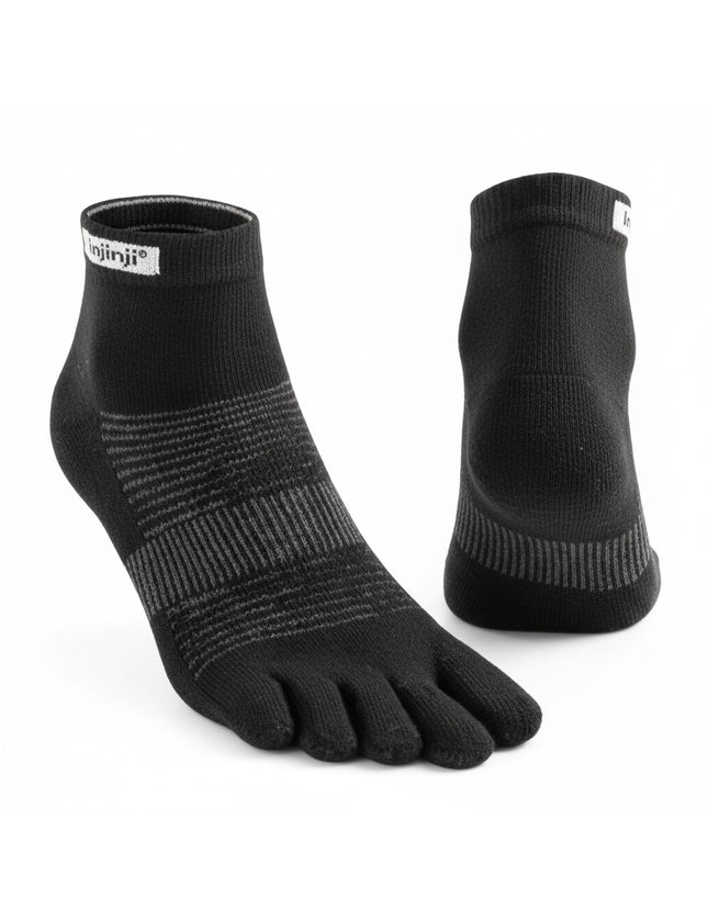 Black toe socks with grey stripes, shown from the front and back
