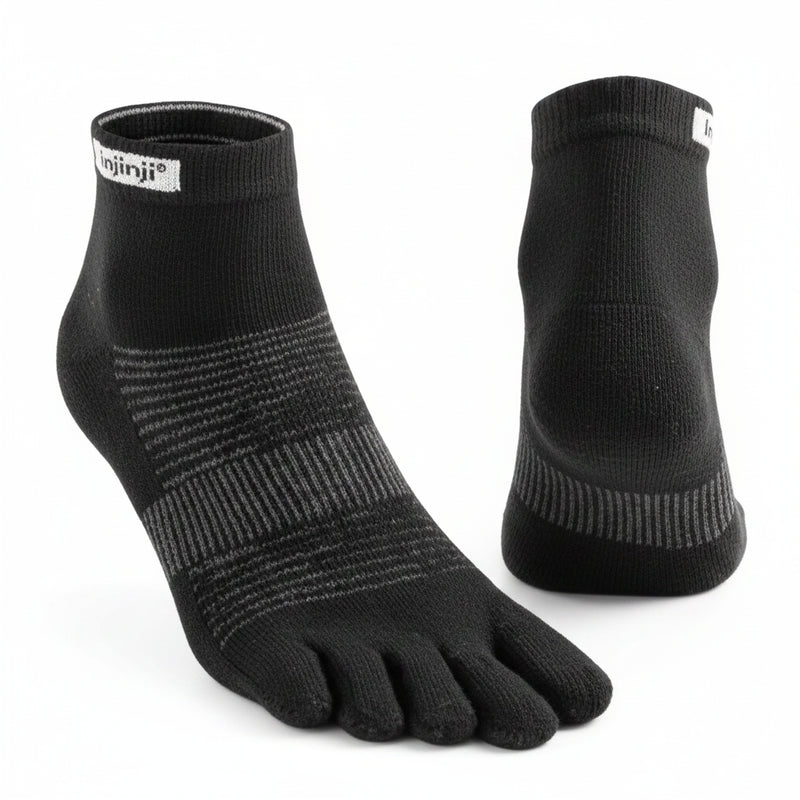 Black toe socks with grey stripes, shown from the front and back