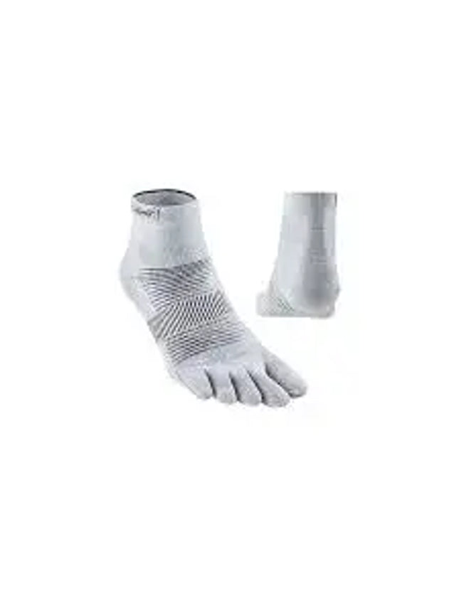Light grey toe socks with black stripes on the top of the foot