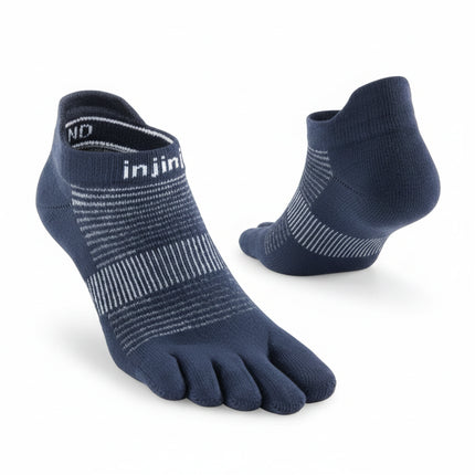 Pair of dark blue Injinji toe socks with white stripes, one sock shown from the front, the other from the back