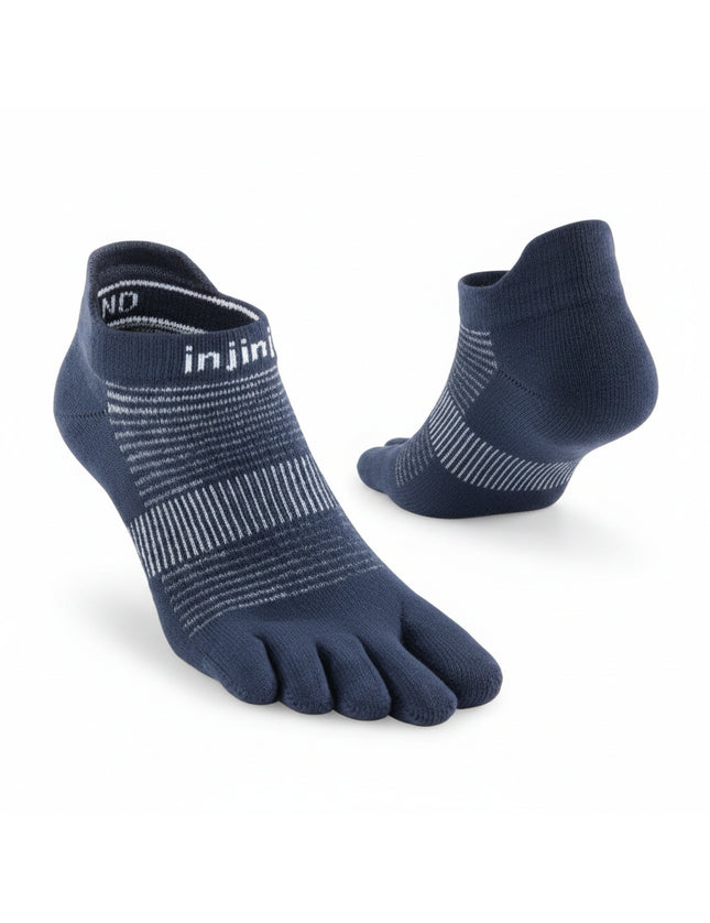 Pair of dark blue Injinji toe socks with white stripes, one sock shown from the front, the other from the back