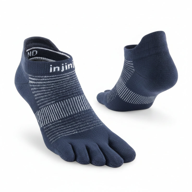 Pair of dark blue Injinji toe socks with white stripes, one sock shown from the front, the other from the back