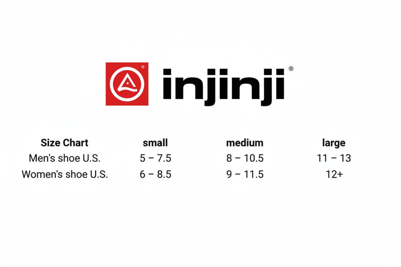 Injinji size chart for mens and womens US shoe sizes, small, medium, and large