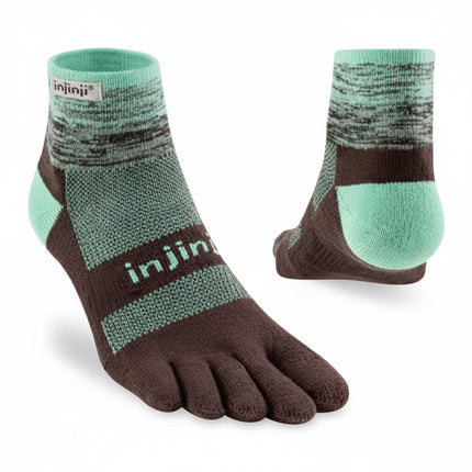 Injinji toe socks in brown and mint green, one shown from the front and one from the back