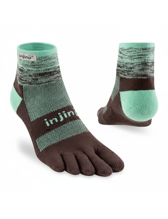 Injinji toe socks in brown and mint green, one shown from the front and one from the back