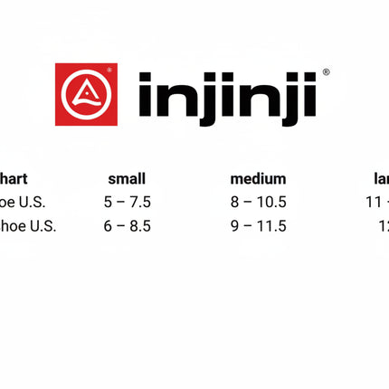 Injinji shoe size chart for men and women, small, medium, and large