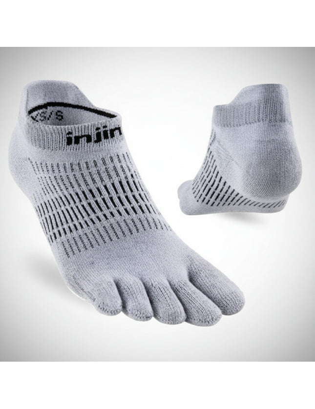 Light grey Injinji toe socks with black stripes and logo