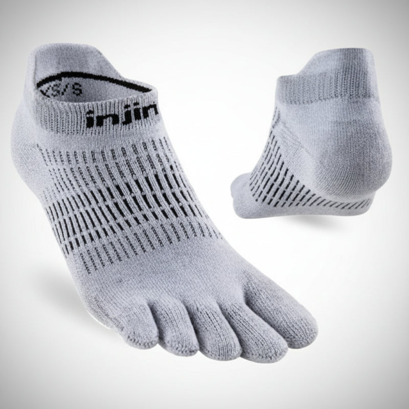 Light grey Injinji toe socks with black stripes and logo