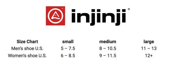 Injinji size chart for mens and womens US shoe sizes small, medium, and large