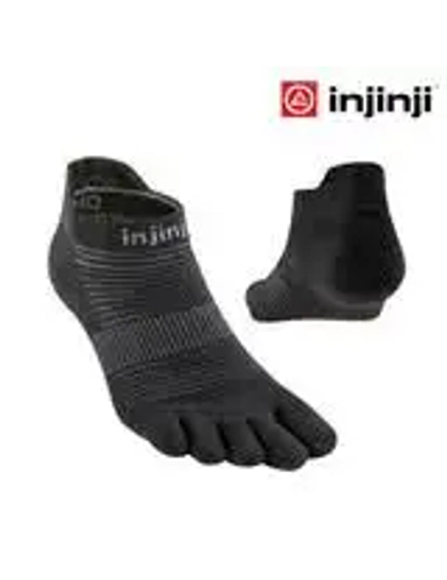 Injinji Run Lightweight No-Show Toe Socks in black, shown from the front and back