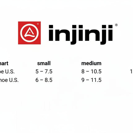 Injinji size chart for men's and women's US shoe sizes: small, medium, and large
