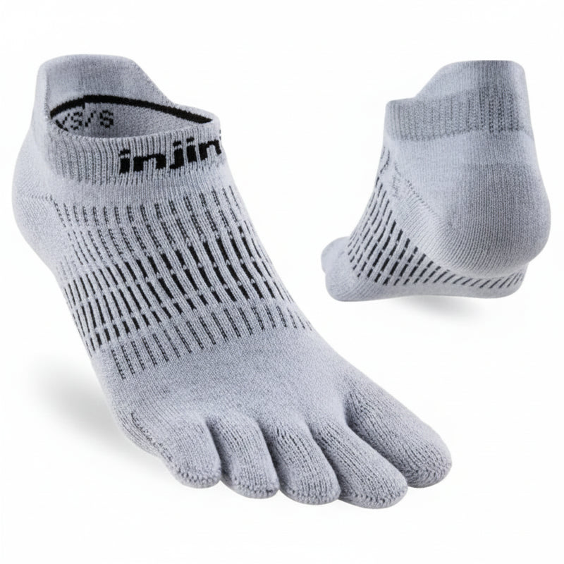 Light grey Injinji toe socks with black stripes on the top and heel
