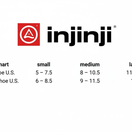 Injinji logo and size chart for men's and women's U.S. shoe sizes small, medium, and large