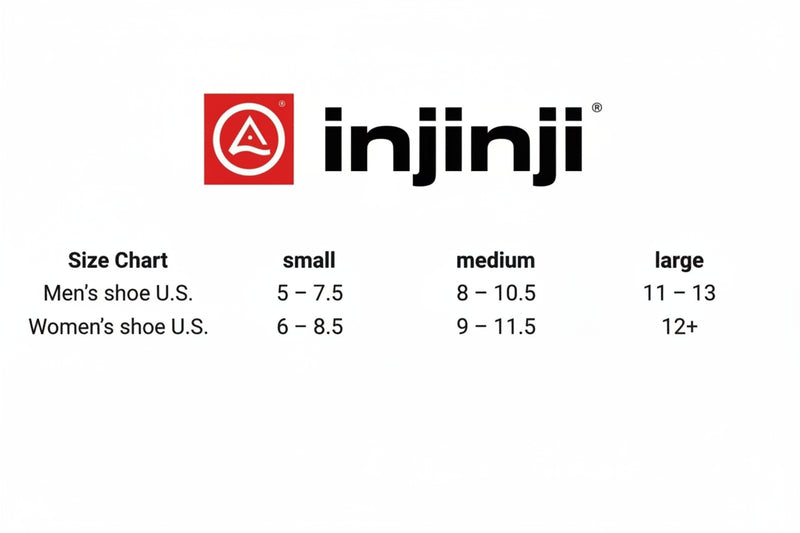 Injinji logo and size chart for men's and women's U.S. shoe sizes small, medium, and large