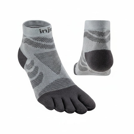 Injinji toe socks in light grey with dark grey toes and heel, shown from front and back