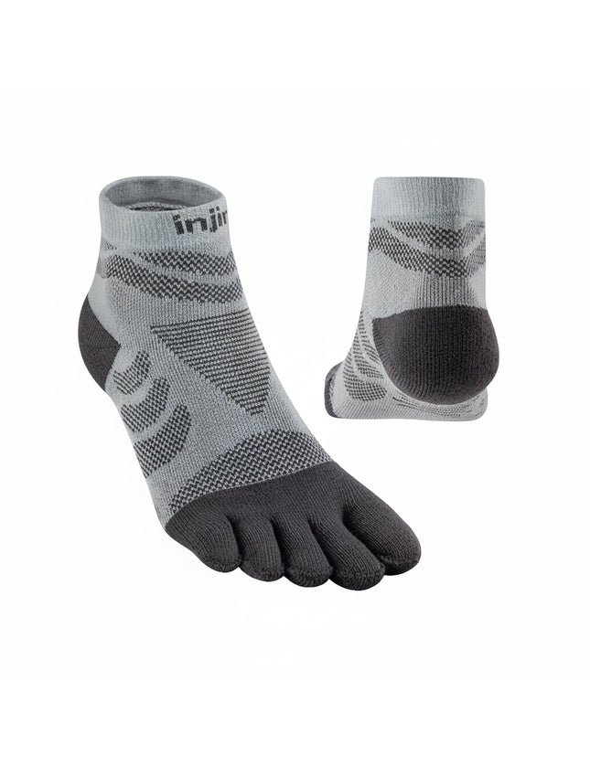 Injinji toe socks in light grey with dark grey toes and heel, shown from front and back