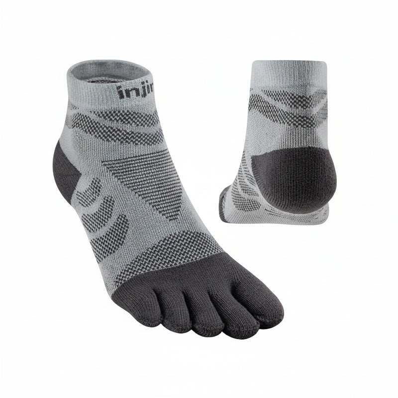 Injinji toe socks in light grey with dark grey toes and heel, shown from front and back