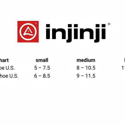 Injinji size chart for mens and womens US shoe sizes, small, medium, and large