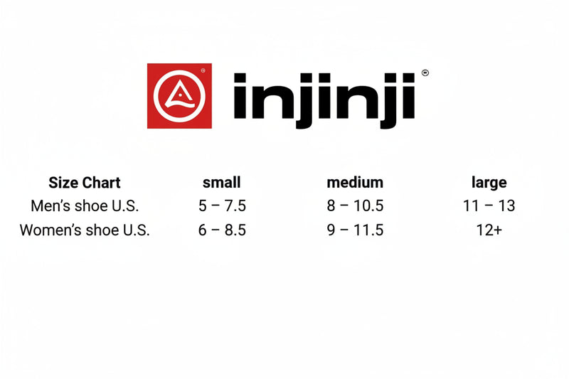Injinji size chart for mens and womens US shoe sizes, small, medium, and large