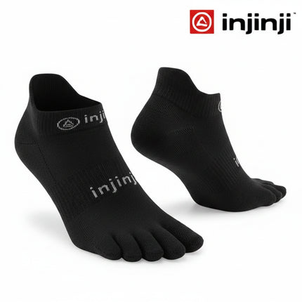 Pair of black Injinji toe socks with white logo on a white background