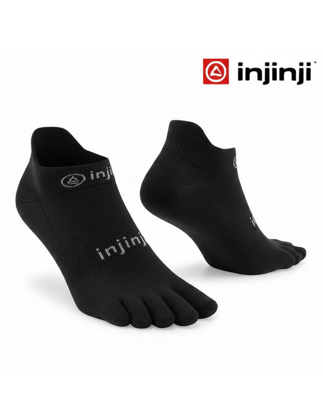 Pair of black Injinji toe socks with white logo on a white background