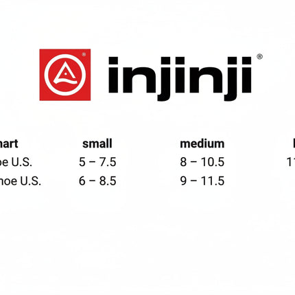 Injinji logo and size chart for men's and women's US shoe sizes: small, medium, and large
