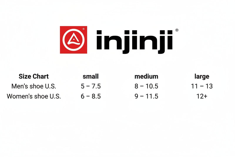 Injinji logo and size chart for men's and women's US shoe sizes: small, medium, and large