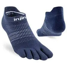 Injinji toe socks in navy blue with white stripes on the sole