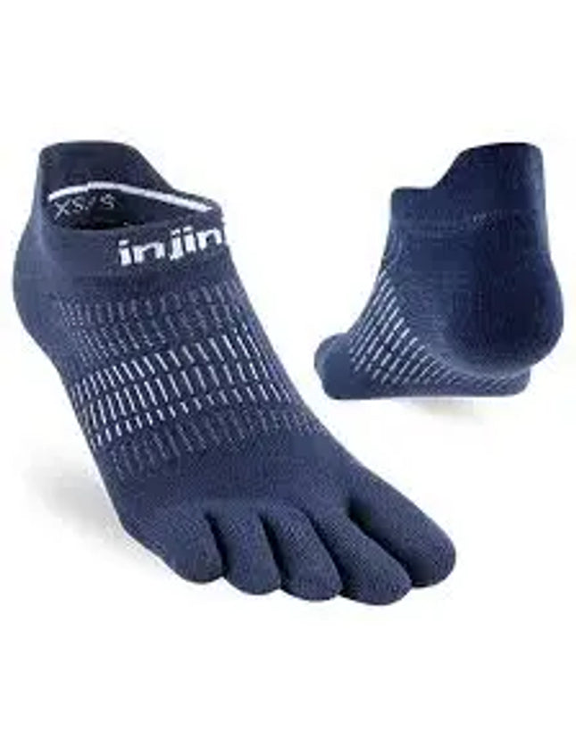 Injinji toe socks in navy blue with white stripes on the sole