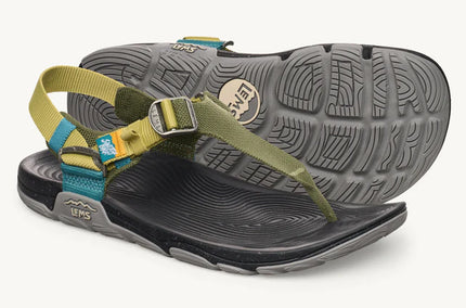 Black sandal with a green strap on a white background