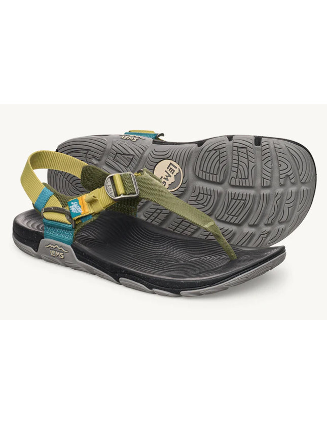 Black sandal with a green strap on a white background