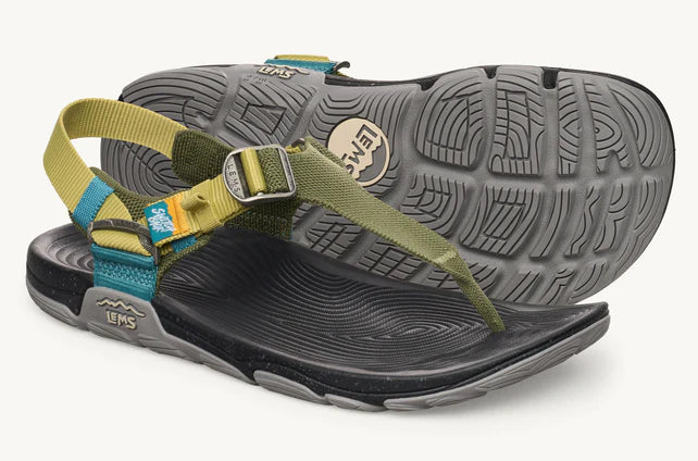 Black sandal with a green strap on a white background