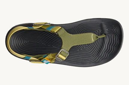Black sandal with yellow strap on a white background
