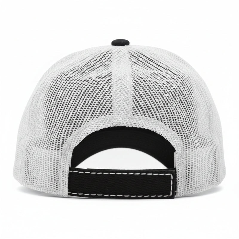 Back view of a white mesh trucker hat with a black snapback closure