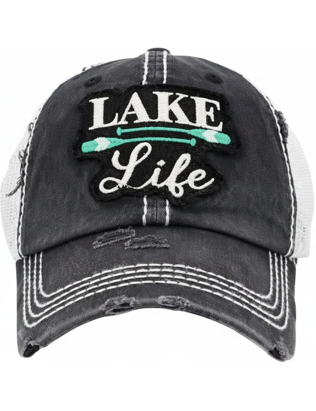 Distressed black baseball cap with Lake Life embroidered in white and two green paddles